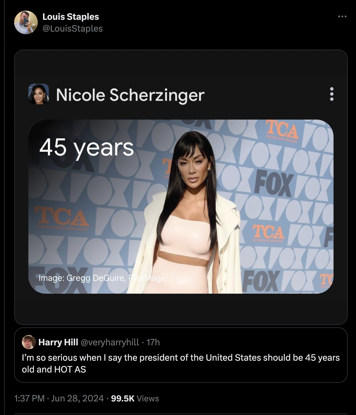screenshot - Louis Staples Nicole Scherzinger 45 years Tcao Oxfoxt Image Gregg DeGuire, Tcao Xfoxfox Oxfox Fox Tca Foxf Oxfoxto Fox Fox Harry Hill 17h I'm so serious when I say the president of the United States should be 45 years old and Hot As Views
